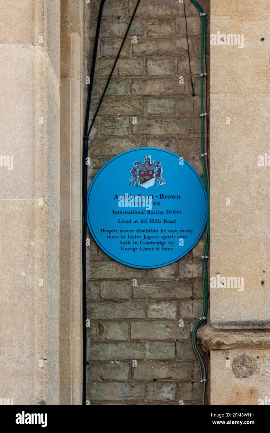 A Cambridge City Blue Plaque in honour of Archie Scott-Brown, International Racing Driver. Hills Road, Cambridge, UK Stock Photo