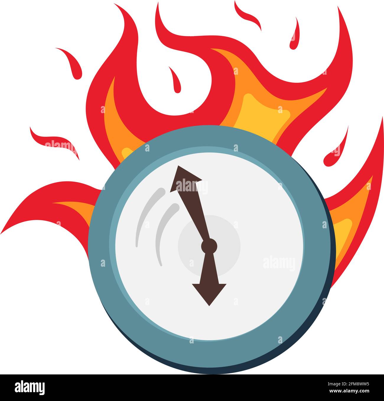 Clock on fire symbol business deadline and rush hour. Hurry up time ripe for making decision. Burning watch punctuality efficiency concept vector illustration Stock Vector