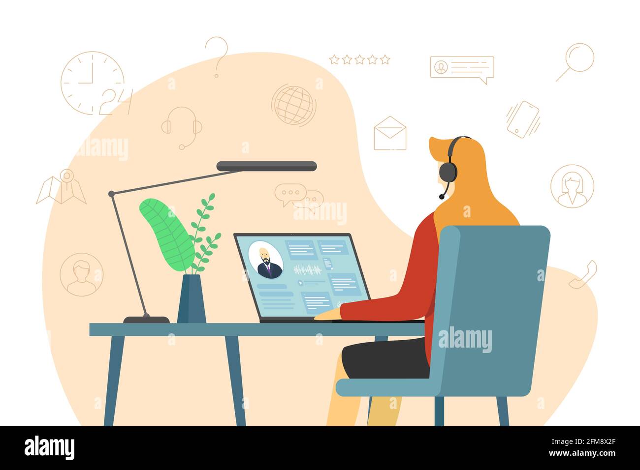 Call center operator woman and hotline service icons. Female helpline worker with headset at work. Online customer support department staff, telemarketing, consultation and assistance centre vector Stock Vector
