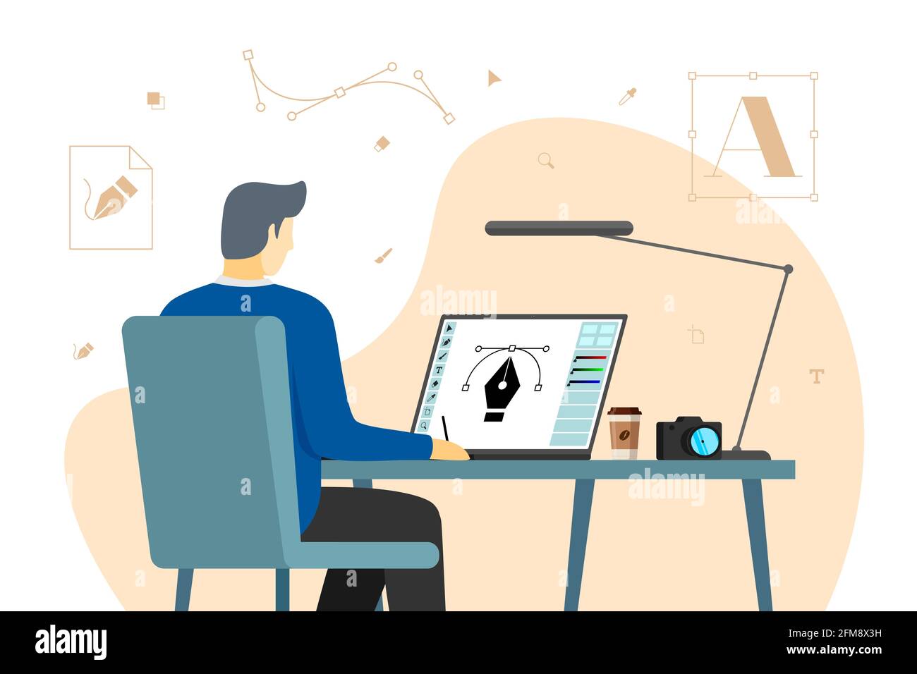 Man graphic designer sits working at computer in workplace. Male creative specialist freelancer or advertising agency studio employee develops design layout on monitor screen. Vector eps illustration Stock Vector