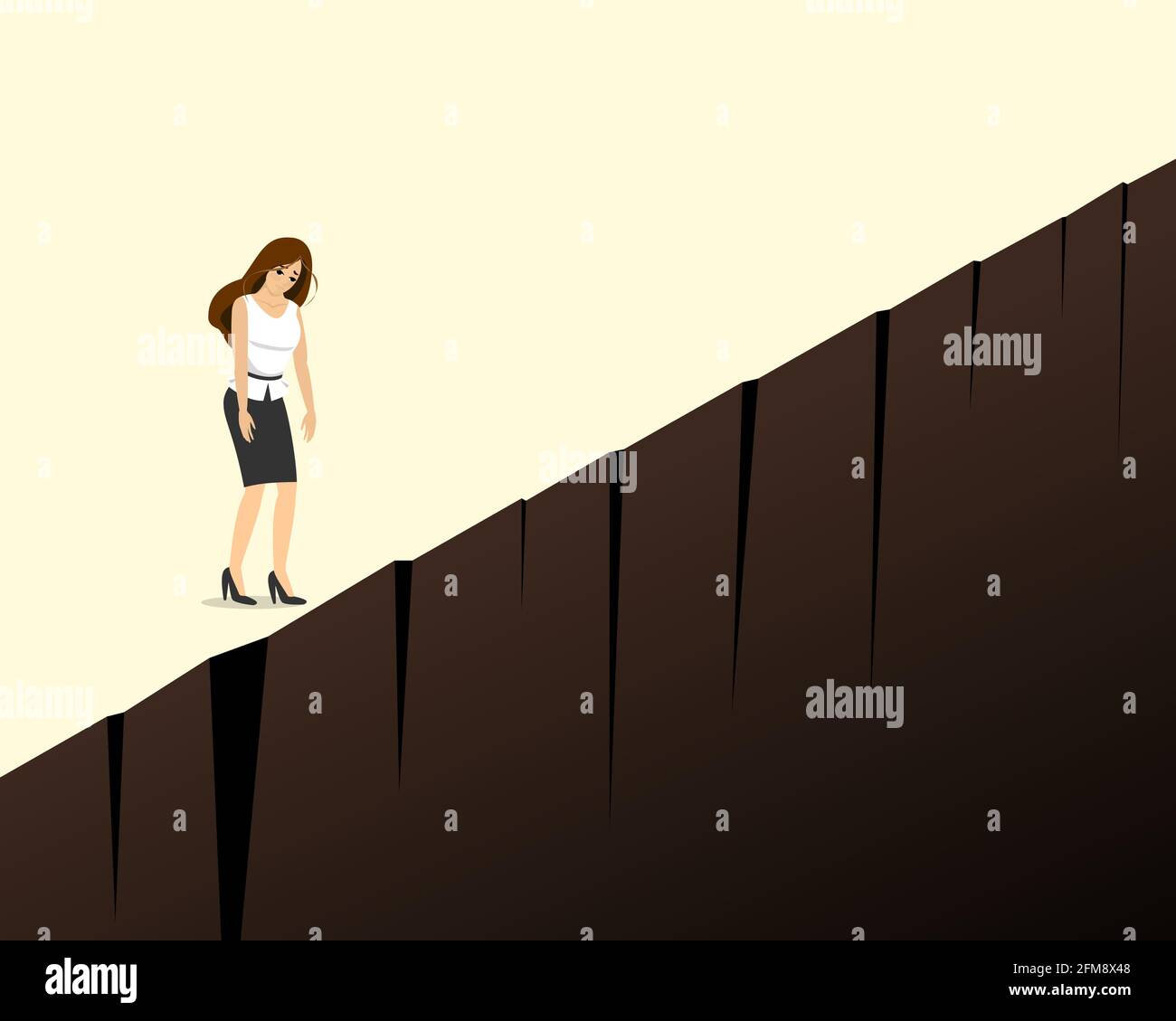 Depressed sad businesswoman stand on cliff edge. Business woman crisis and burnout concept. Tired lady looking down to abyss. Female manager character in dangerous situation. Vector eps illustration Stock Vector