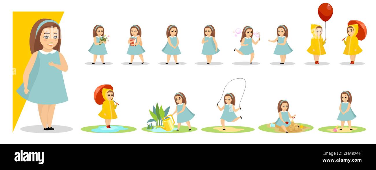 Little girl in various gesture expression poses. Female child shows different emotion set. Cute kid character plays and rejoices, sad and angry, stands and sits. Vector isolated eps illustration Stock Vector