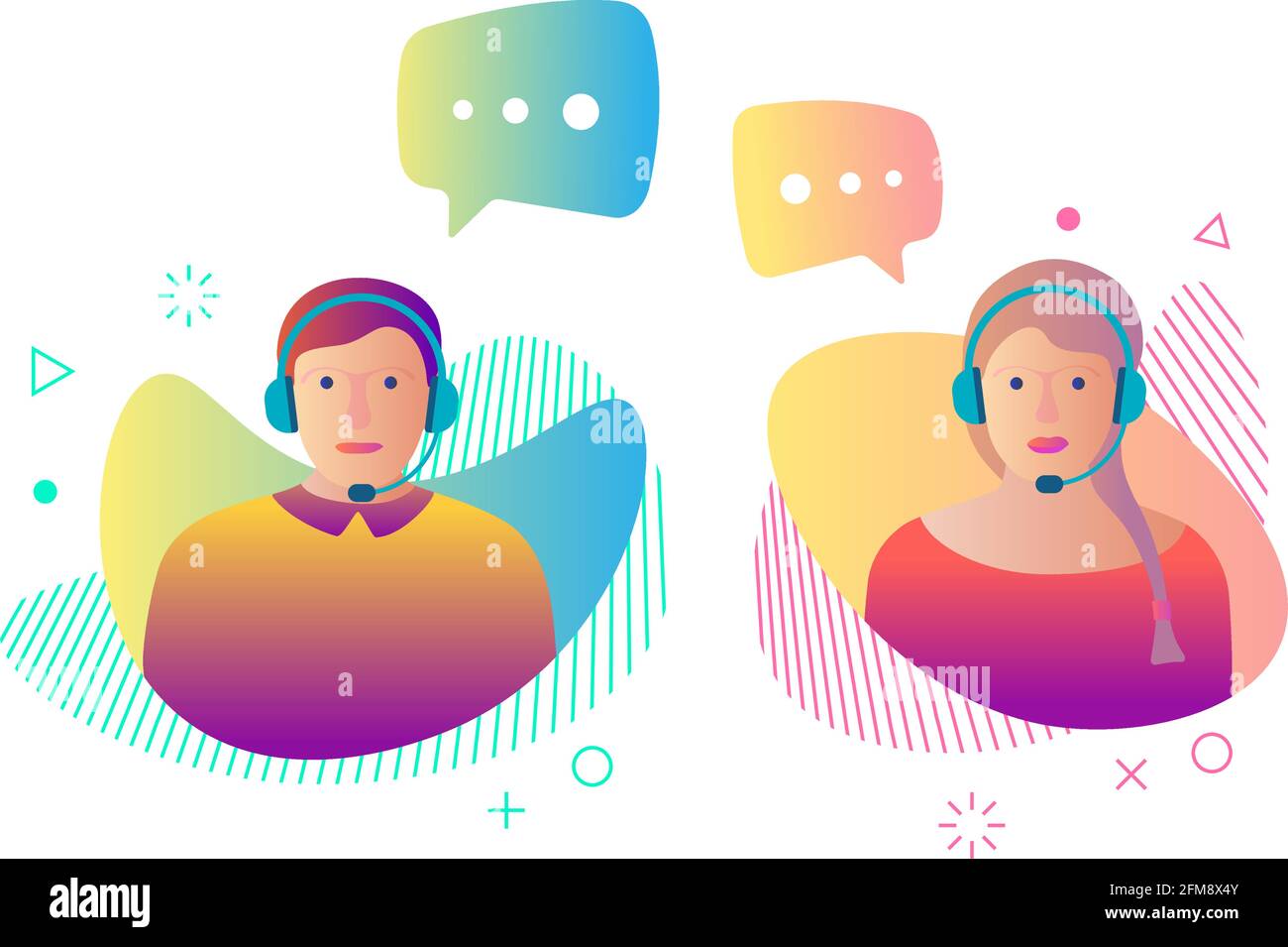 Call center customer online help service avatar set. Man and woman online assistant working in headphones and chat speech bubbles. Support character operator gradient vector illustration Stock Vector