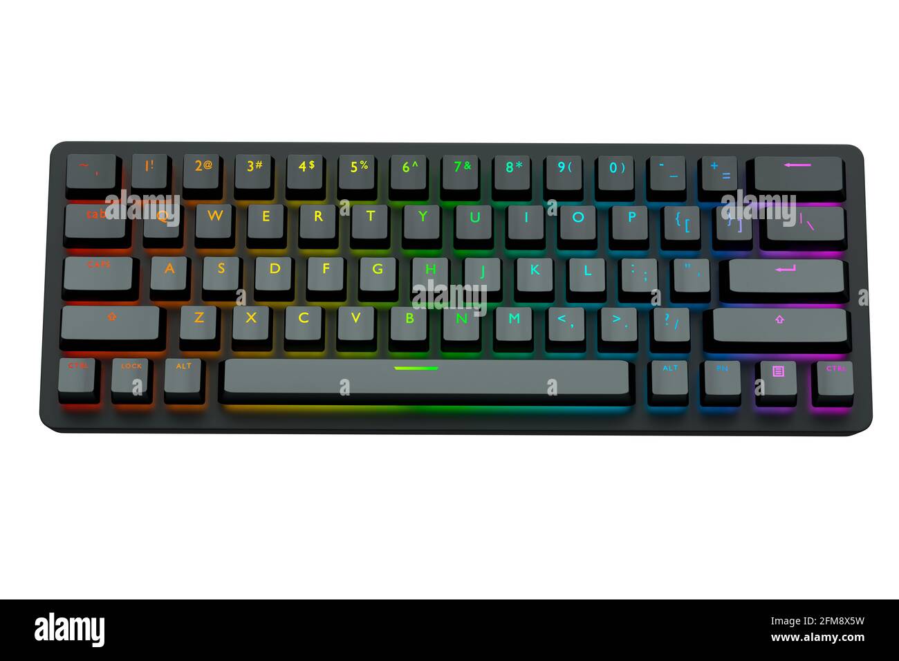 Black computer keyboard with rgb colors isolated on white background. Stock Photo