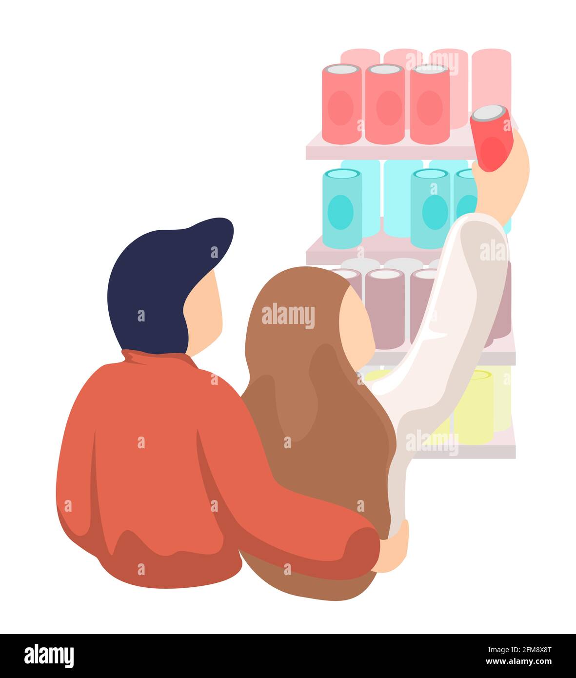 Young couple guy hugs girl in supermarket. Woman chooses aluminum can of soft drink on store shelf. Relationships and shopping vector eps isolated illustration Stock Vector