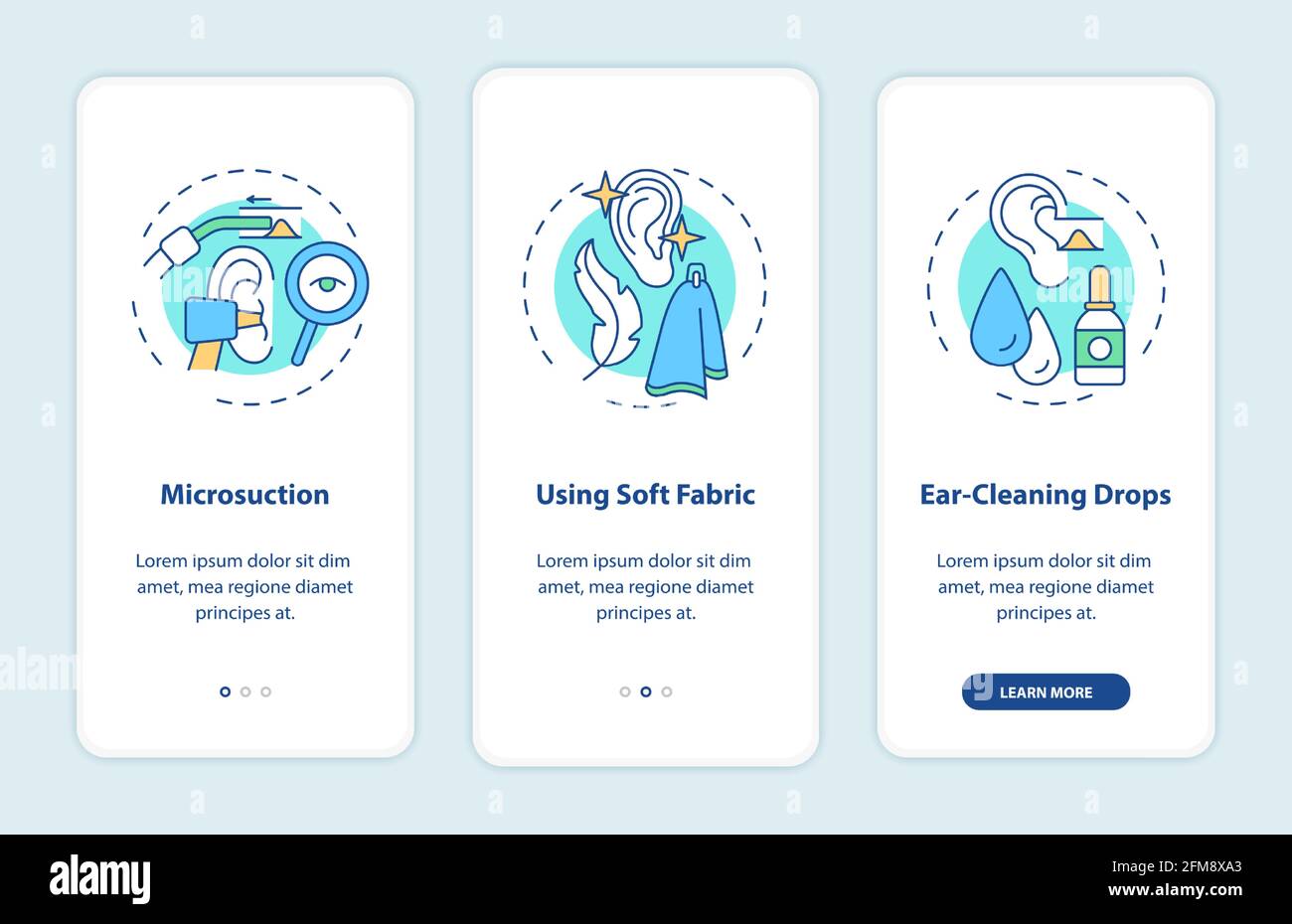 Ear hygiene methods onboarding mobile app page screen with concepts Stock Vector