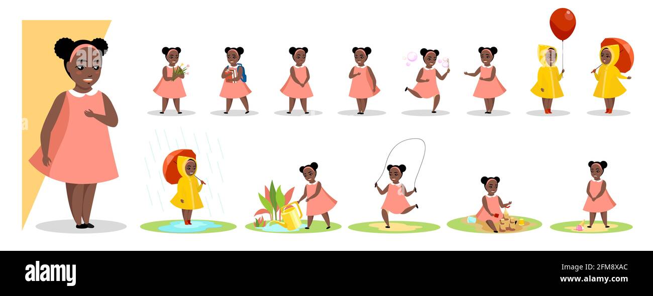Little black girl in various gesture expression poses. Female african child shows different emotion set. Cute kid character plays and rejoices, sad and angry, stands and sits. Vector eps illustration Stock Vector