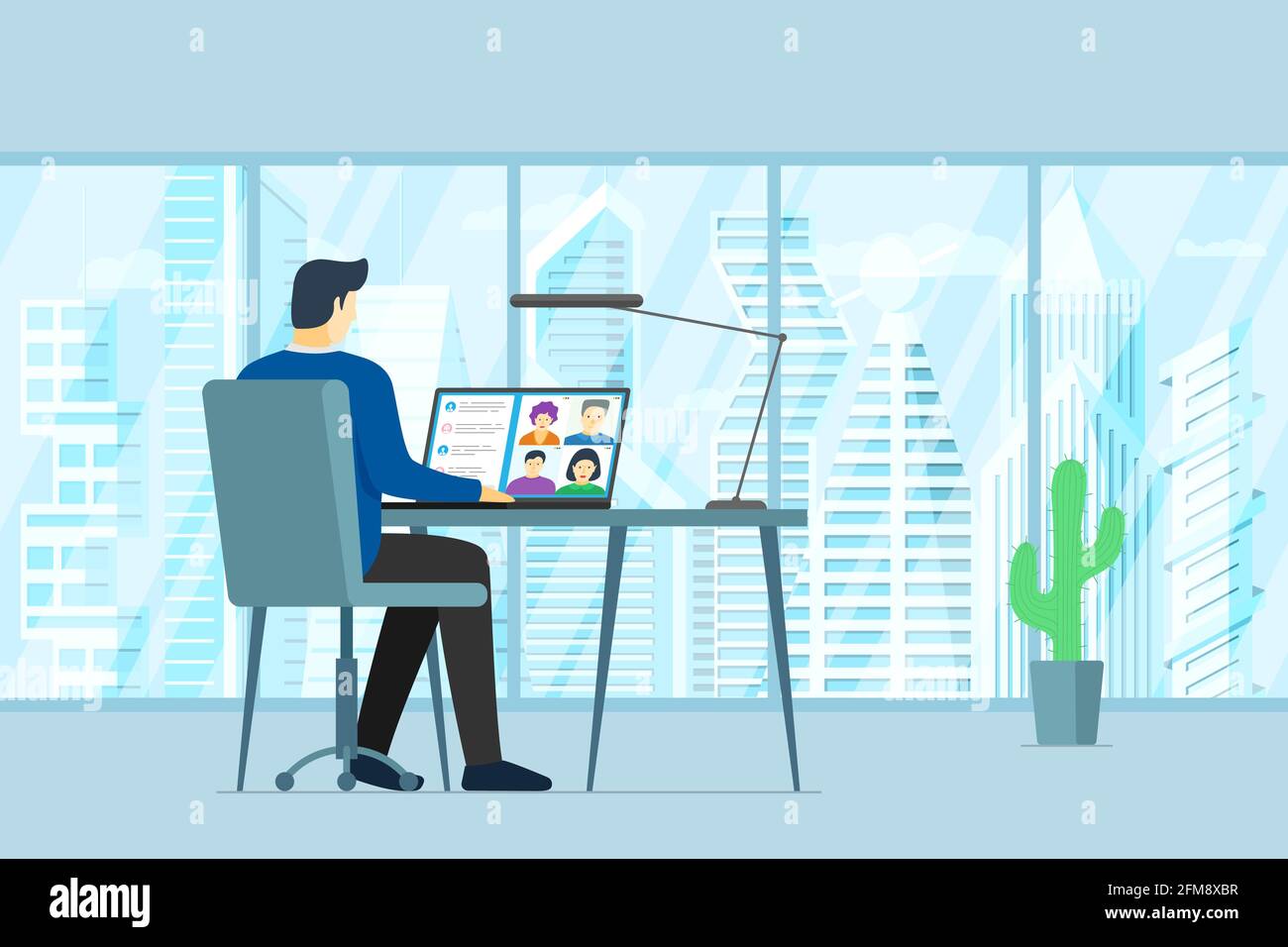Man in office and people group on laptop screen taking part online conference. Virtual work meeting and distance education webinar or video conferencing. Company web videoconferencing communication Stock Vector