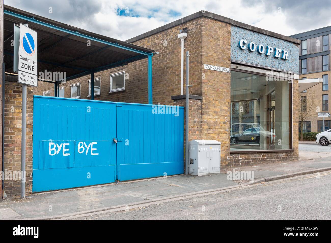 Bye bye painted on the gate of Cooper's Furniture shop as it ends