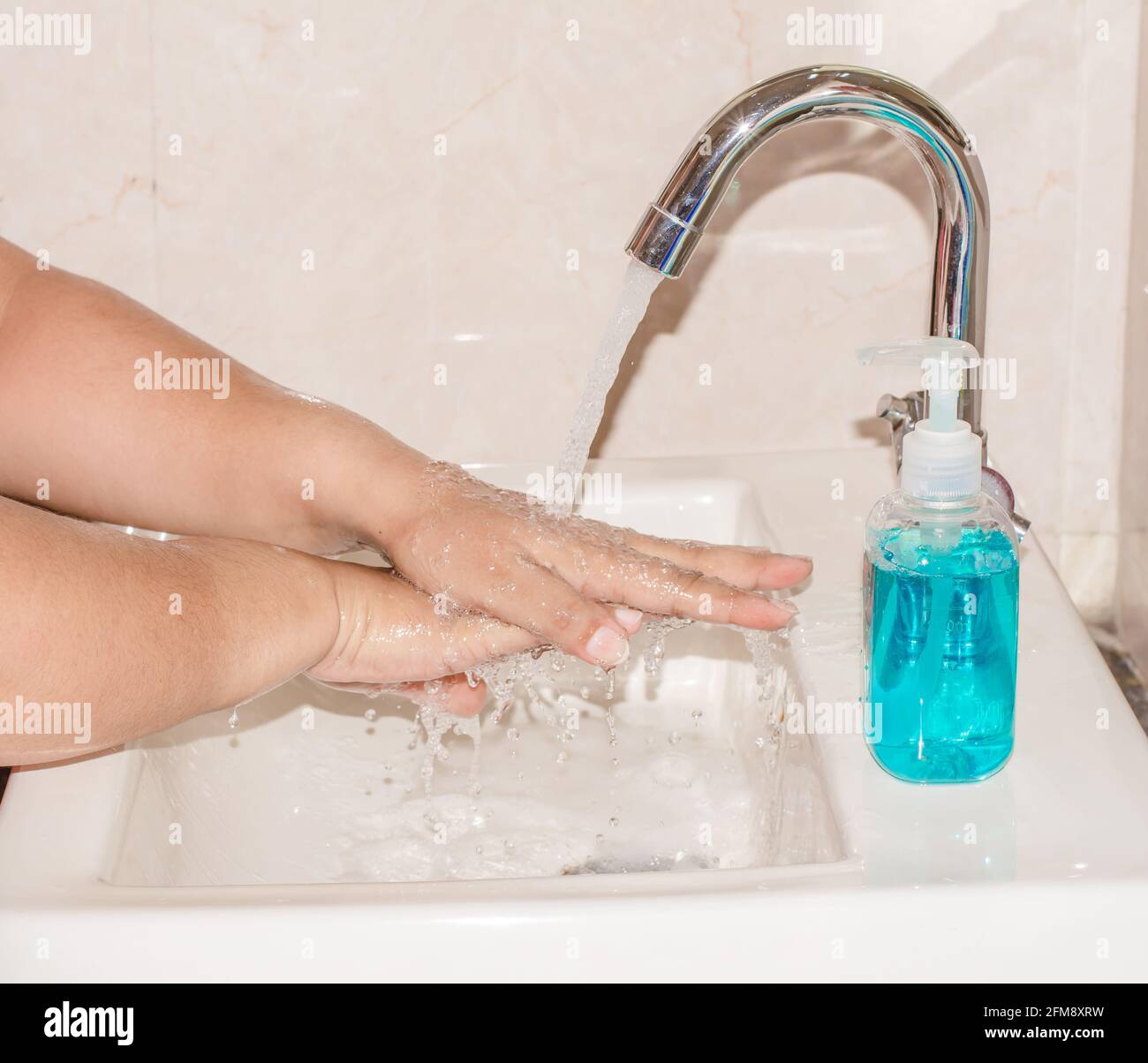 Hand Hygiene - Steps of Cleaning Hands with Hand washing Soap, Corona virus prevention hand wash steps with soap Stock Photo