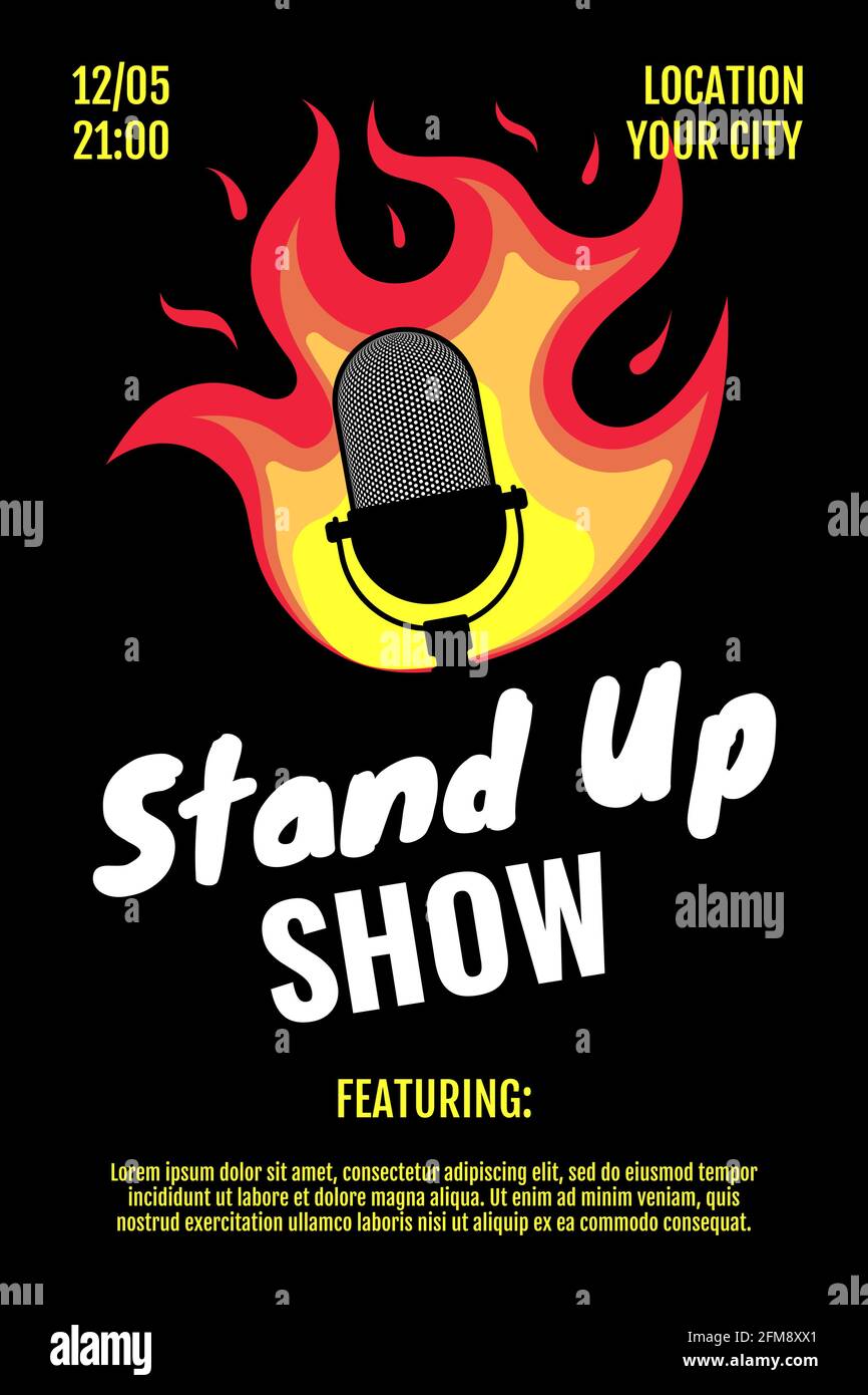 Stand up comedy night live show A3 A4 poster design template. Retro microphone on fire on black background. Hot jokes roast concept flyer. Vector fun burning open mic stage illustration Stock Vector