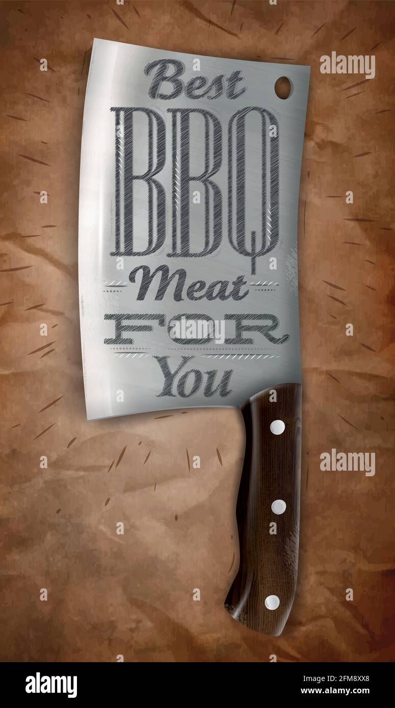 Poster knife for cutting meat in a retro style lettering with best BBQ meat for you on the background of brown crumpled paper. Vector Stock Vector
