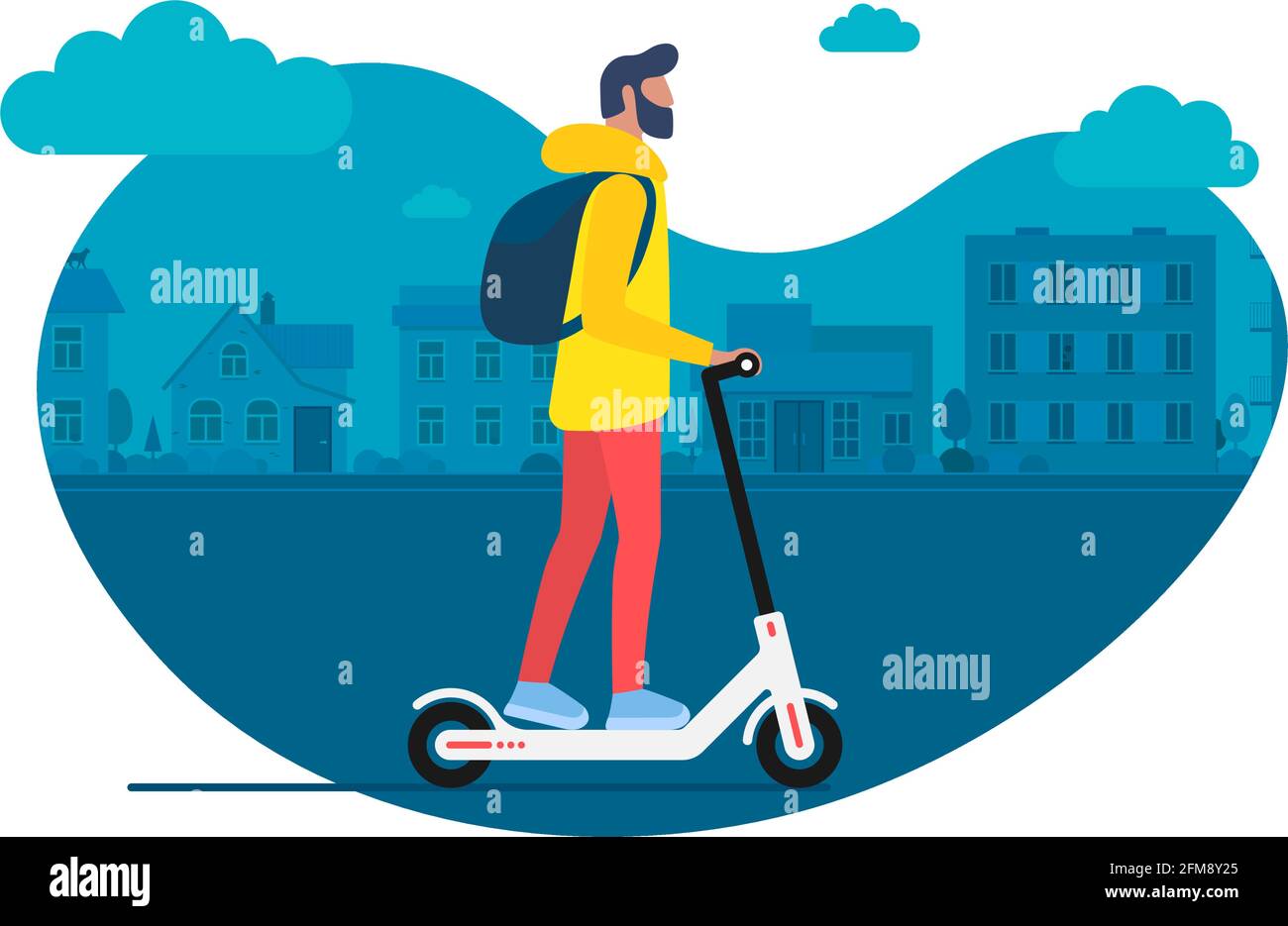 Young male character with backpack ride modern urban transport electric kick scooter. Active hipster adult millennial uses lifestyle ecology technologies. Vector illustration sport youth on cityscape Stock Vector