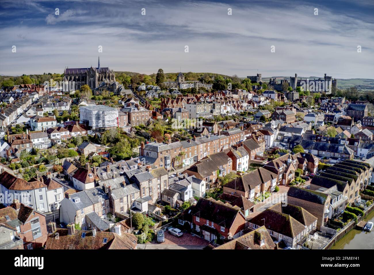 Aerial photo of Arundel Cathedral and Castle in the old historic town of Arundel in Southern England on the banks of the River Arun. Stock Photo