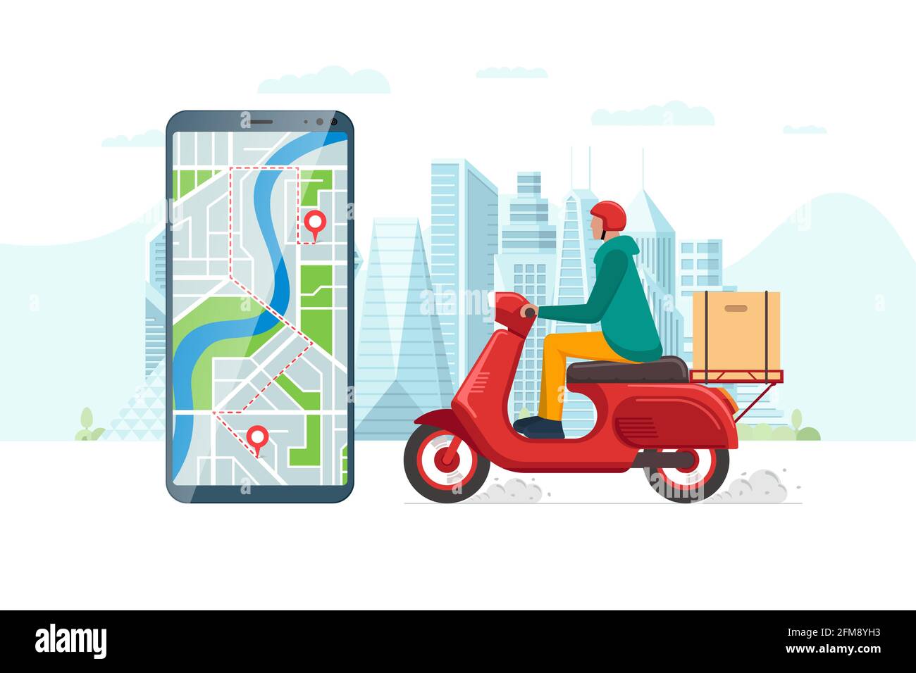Safe contactless delivery service app concept. Boy courier in motorbike helmet on red scooter moped delivering package box. Online ordering mobile application on cityscape and location pin vector Stock Vector