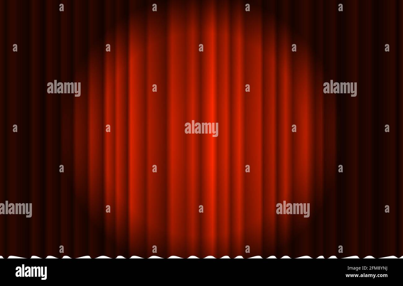 Closed luxury red curtain with many shadow stage background spotlight beam illuminated. Theatrical velvet fabric drapes stage opening ceremony. Vector gradient illustration Stock Vector