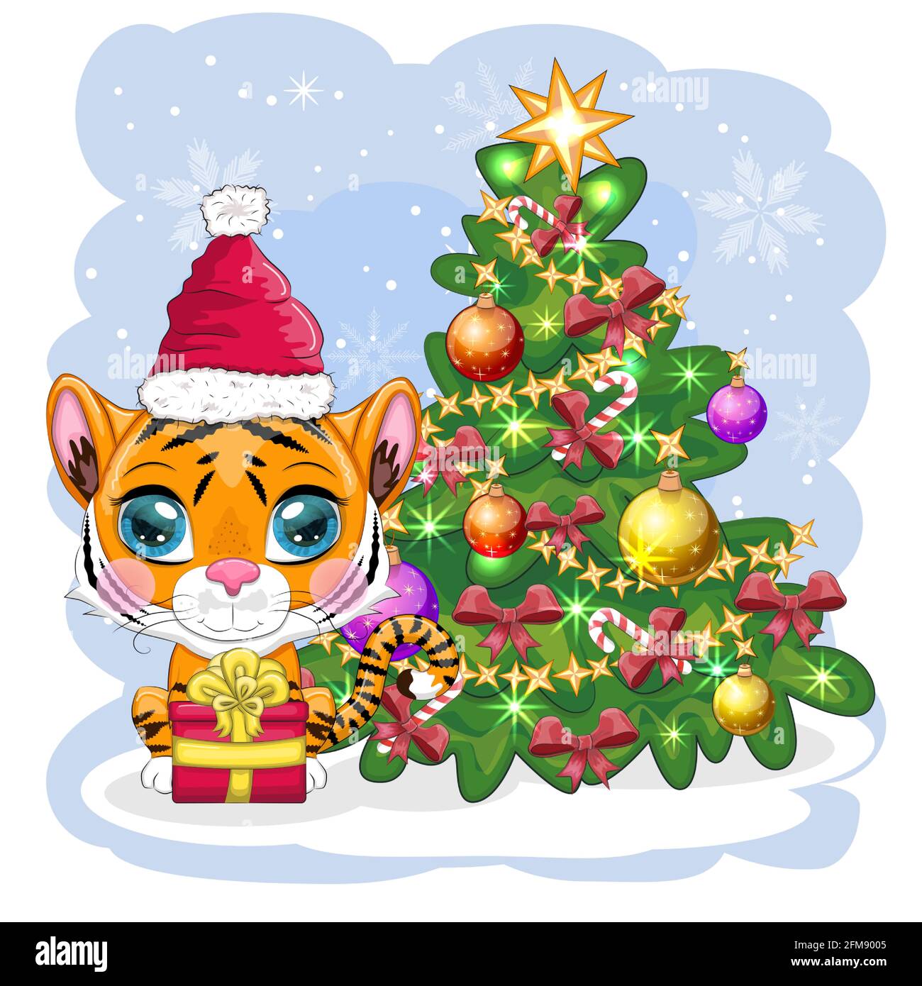 Cartoon tiger in a hat and scarf with a 