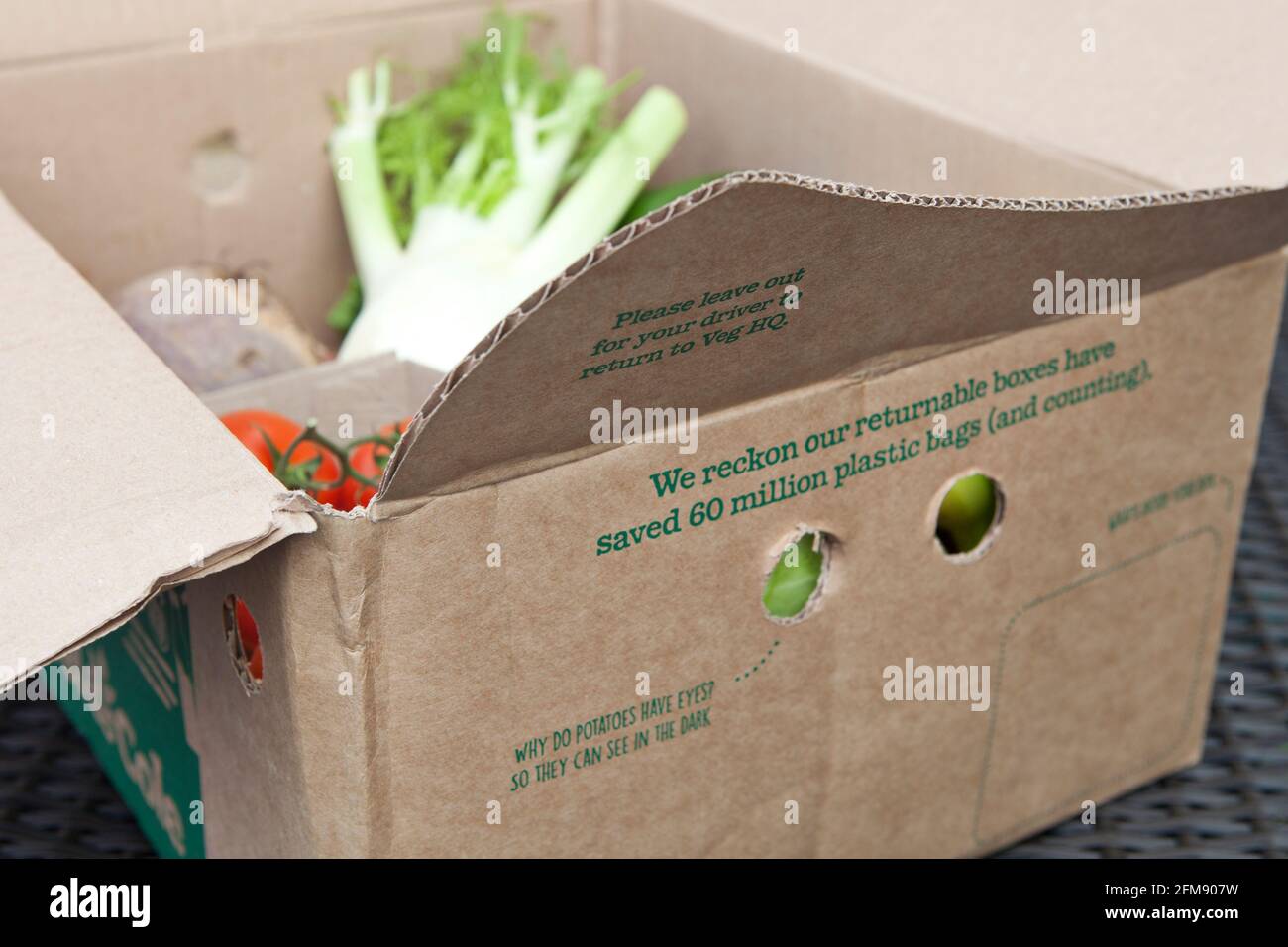 Saving plastic: an organic vegetable delivery in a returnable / reusable / used box from Abel and Cole, plastic free, UK Stock Photo