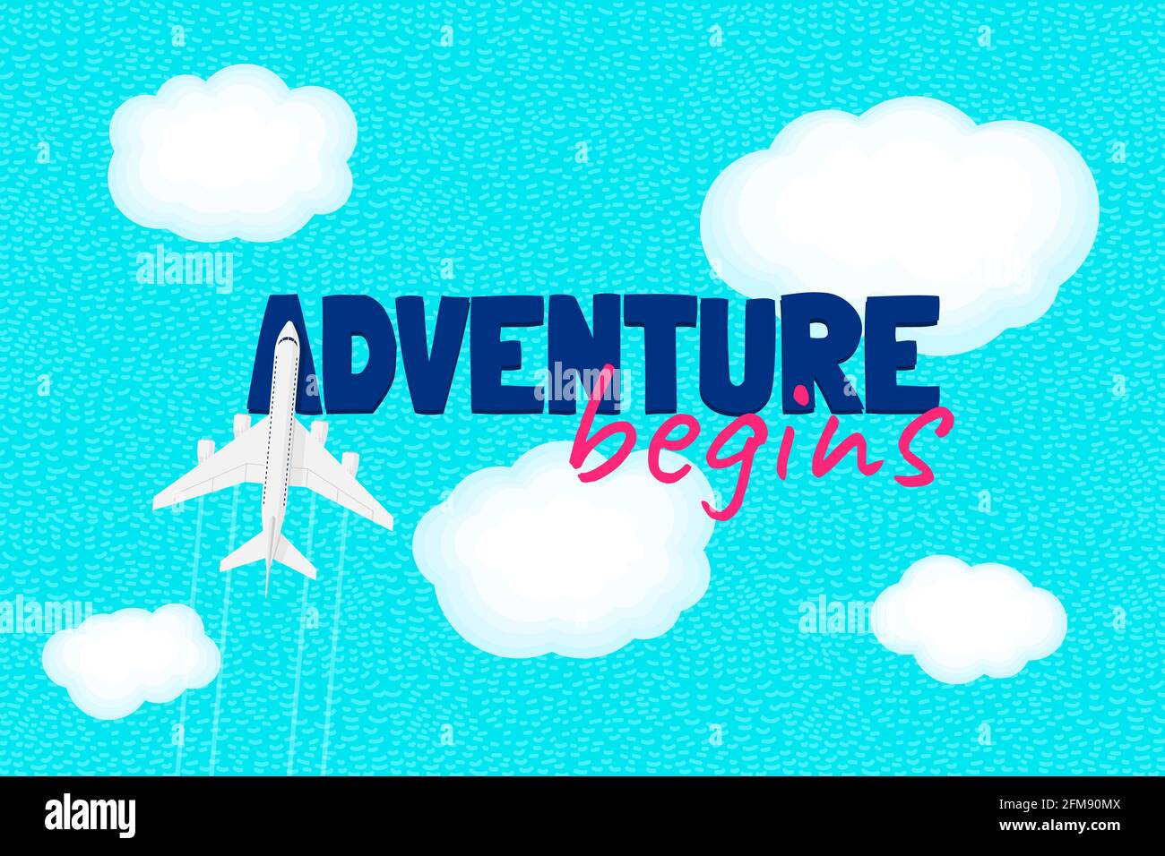 Adventure begins motivation text and flight airplane on clouds sky above ocean. Tourist traveler inspiration quote lettering greeting card design template. Vector journey illustration Stock Vector