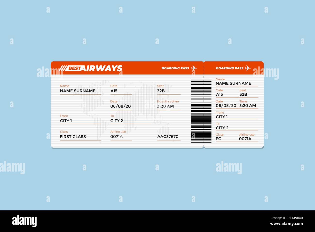 Realistic airline flight ticket boarding pass design template with first class passenger name and barcode. Air travel by airplane red document vector illustration Stock Vector