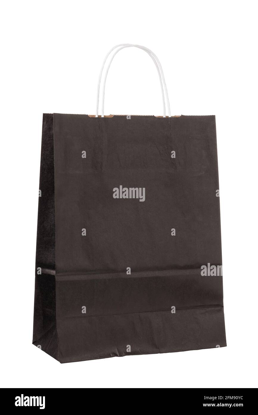 Black paper bag with handles isolated on white background Stock Photo