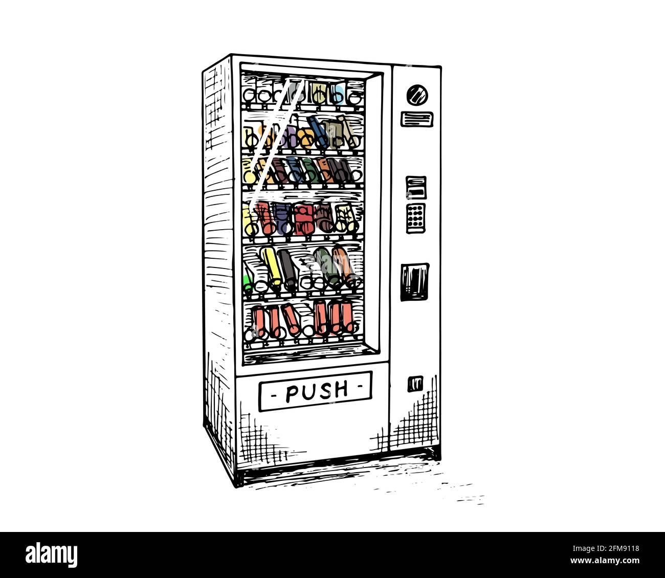 Vending machine with beverage bottles and cans hand drawn sketch. Automatic  colored snack and drink sale machinery isometric view. Black and white ink  vector isolated eps illustration Stock Vector Image & Art -