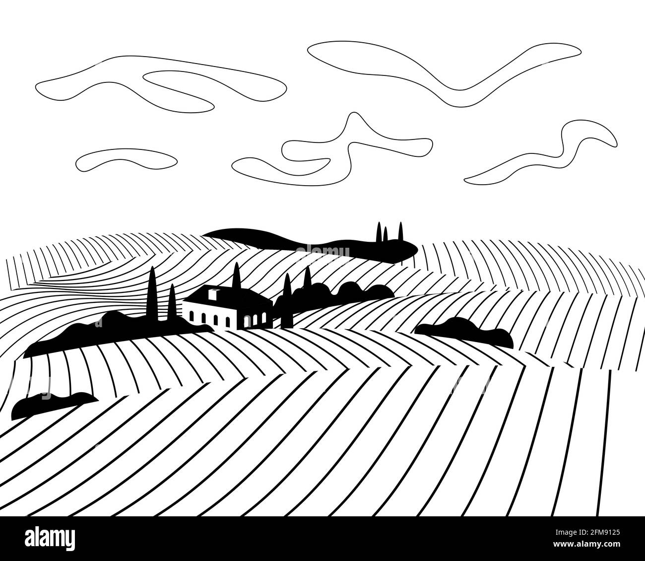 Vineyard wine grapes hills farm poster concept. Romantic rural vines plantation rows landscape in sunny day with villa, fields, meadows and trees. Vector monochrome ink growing grapevine illustration Stock Vector