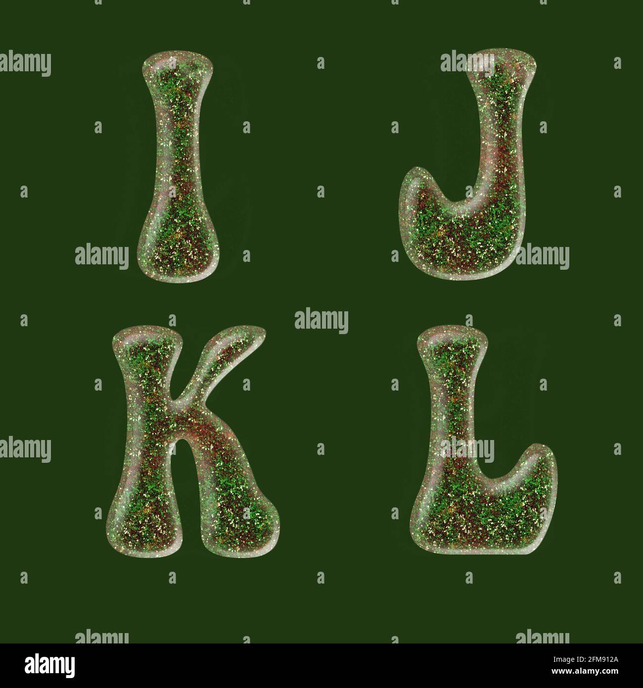 3D rendering of green and red glitter capital letter alphabet - letters I-L Stock Photo