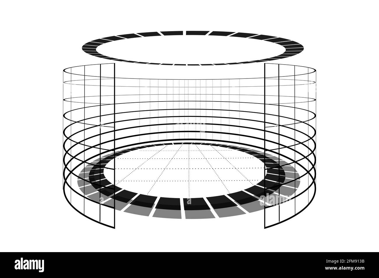 Futuristic black and white virtual reality arena. Abstract circle sci-fi elements cyberspace portal. VR cylinder platform podium. Teleport digital pedestal. Base stand template vector eps illustration Stock Vector