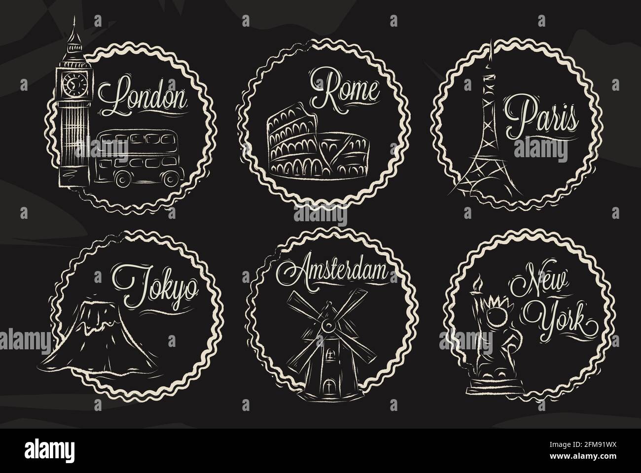 Icons with world cities, London, New York, Rome, Amsterdam, Tokyo, Paris, stylized drawing with chalk on a blackboard, a frame in round frame on a bla Stock Vector