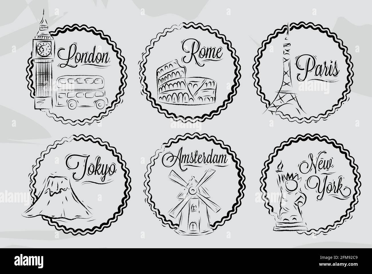 Icons with world cities, London, New York, Rome, Amsterdam, Tokyo, Paris, stylized drawing with chalk on a blackboard, a frame in round frame on a whi Stock Vector