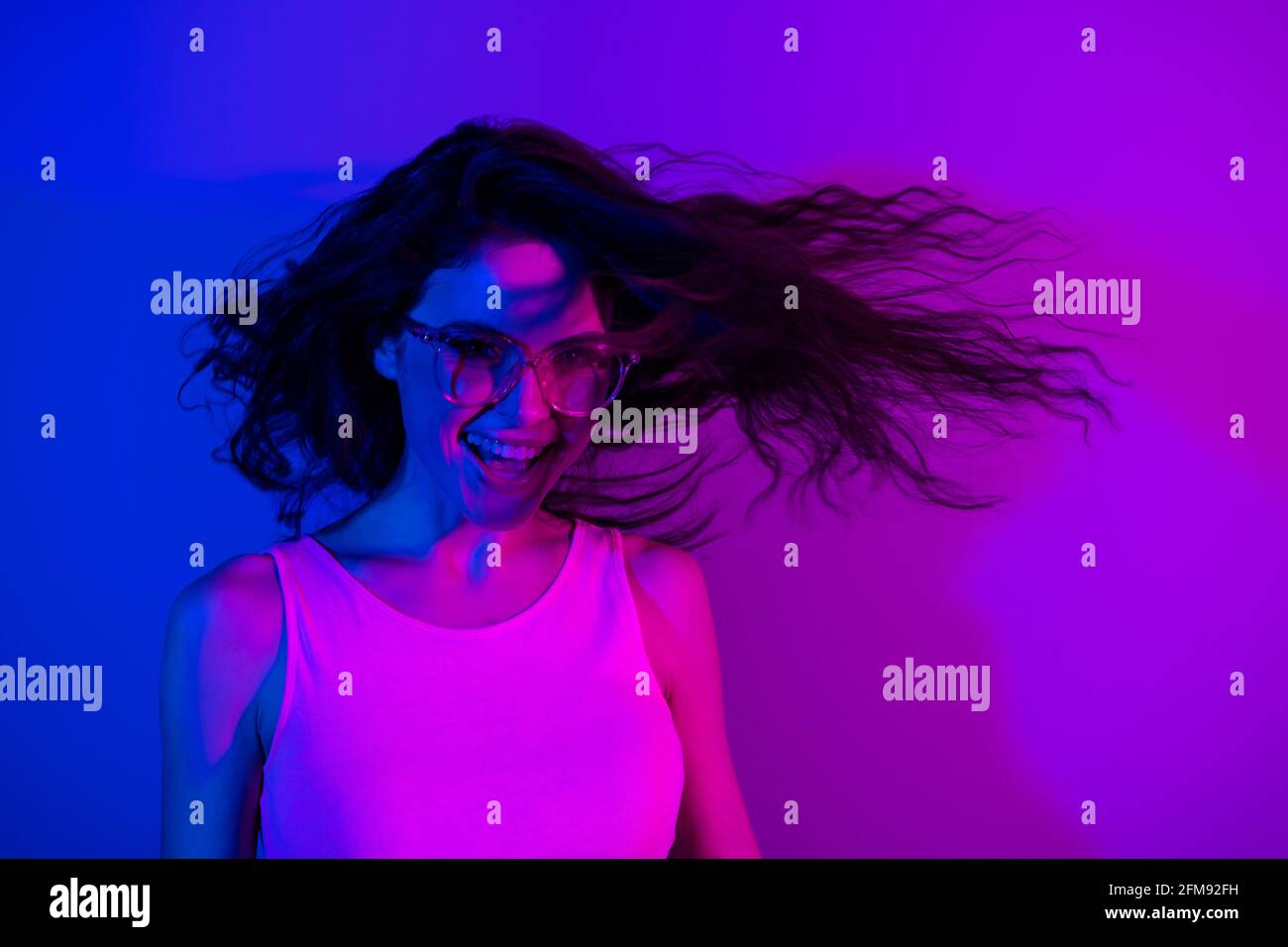 Beaming Picture Portrait of charming positive person flying hair beaming smile look ...