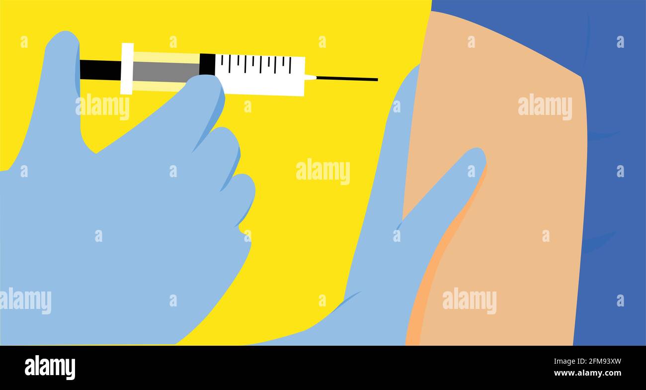 Flat illustration of vaccination, where a doctor is about to vaccinate a man with syringe. Stock Vector