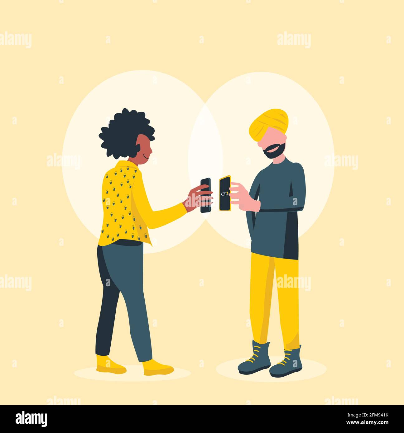 Tech Device Charge Sharing, a man and a woman sharing charge while standing Stock Vector