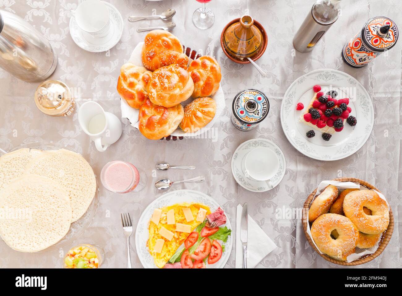 Top view of assorted healthy breakfast on a table Stock Photo