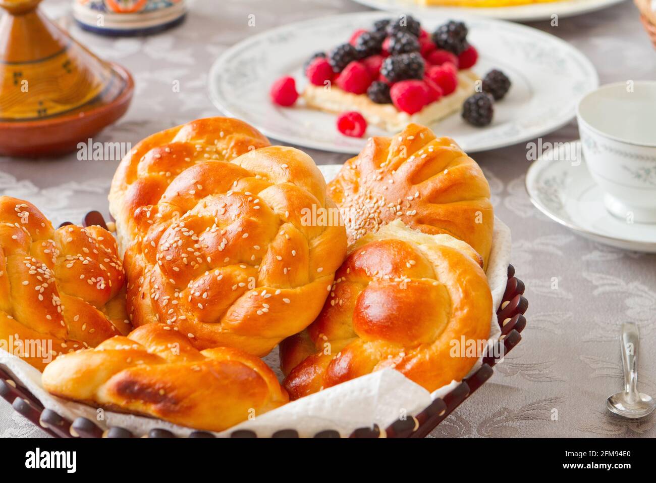 Assorted breakfast on a table Stock Photo