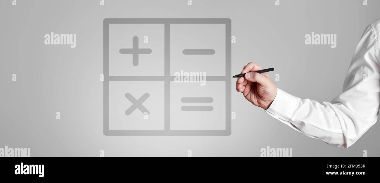 Businessman draws mathematical calculation symbols. Budget calculation or financial analysis in business. Stock Photo