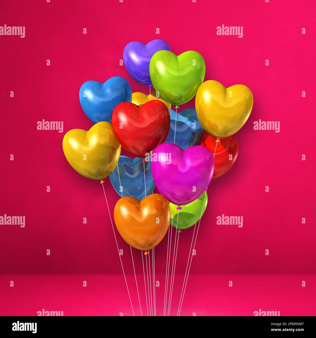 Colorful heart shape balloons bunch on a pink wall background. 3D ...