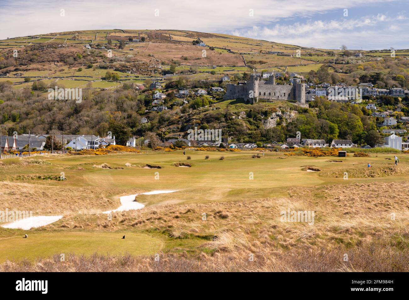 Castle and golf course at Harlech, Gwynedd, Wales Stock Photo