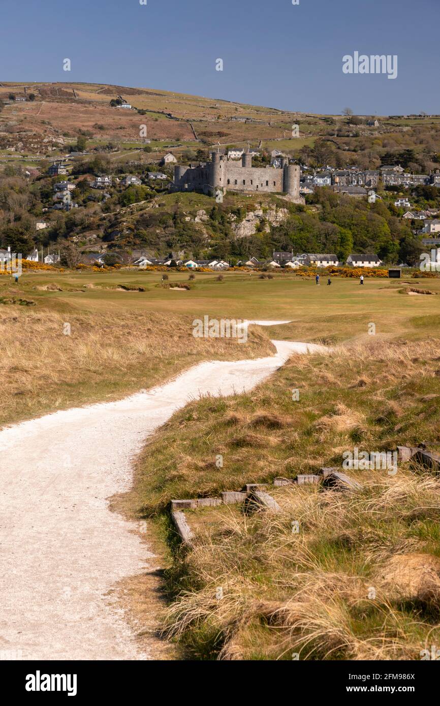 Castle and golf course at Harlech, Gwynedd, Wales Stock Photo