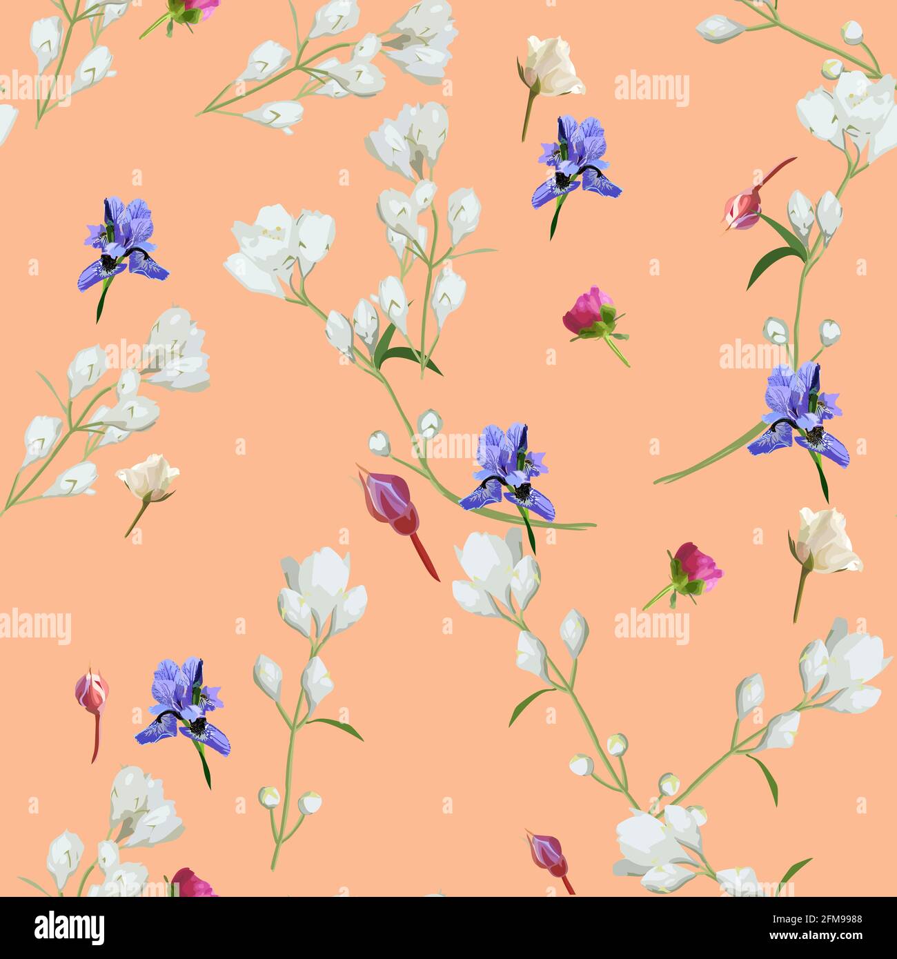 Beautiful seamless pattern with irises and small white flowers Stock Vector