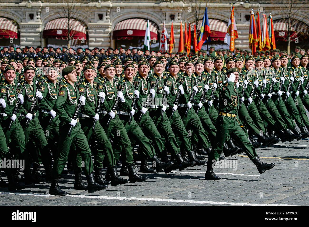 Moscow, Russia. 7th May, 2021. Servicemen march during a rehearsal of the Victory Day parade in Moscow, Russia, May 7, 2021. Russia will hold military parades across the country to commemorate the 76th anniversary of the Soviet victory in the Great Patriotic War on May 9. Credit: Evgeny Sinitsyn/Xinhua/Alamy Live News Stock Photo