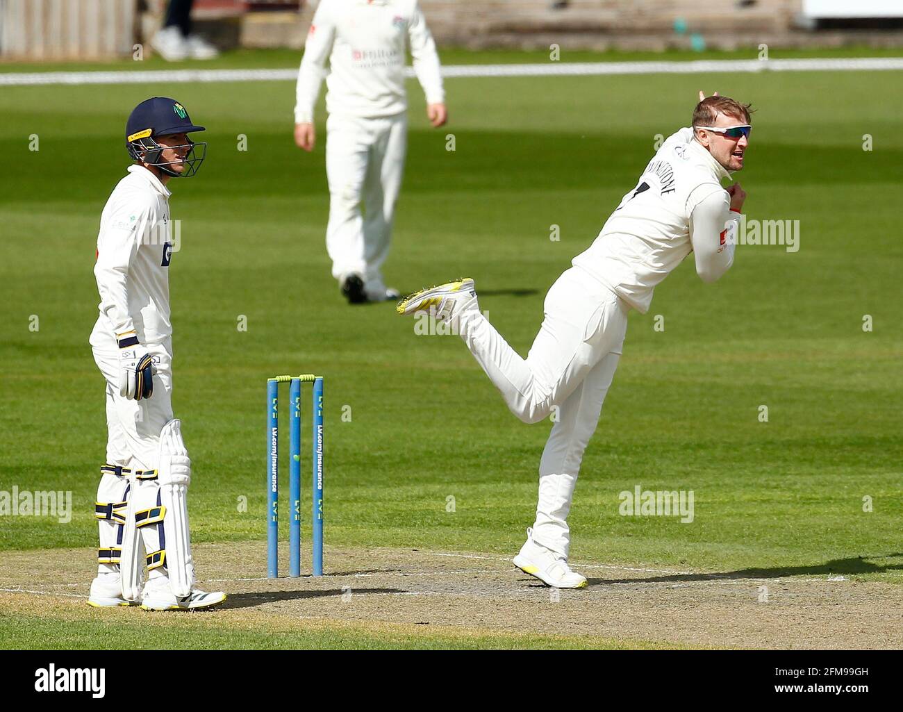 Manchester Uk May 7th 2021 County Championship Cricket Lancashire Versus Glamorgan Day 2 Liam Livingstone Of Lancashire Bowls From The James Anderson End As Callum Taylor Of Glamorgan Looks On Credit Action