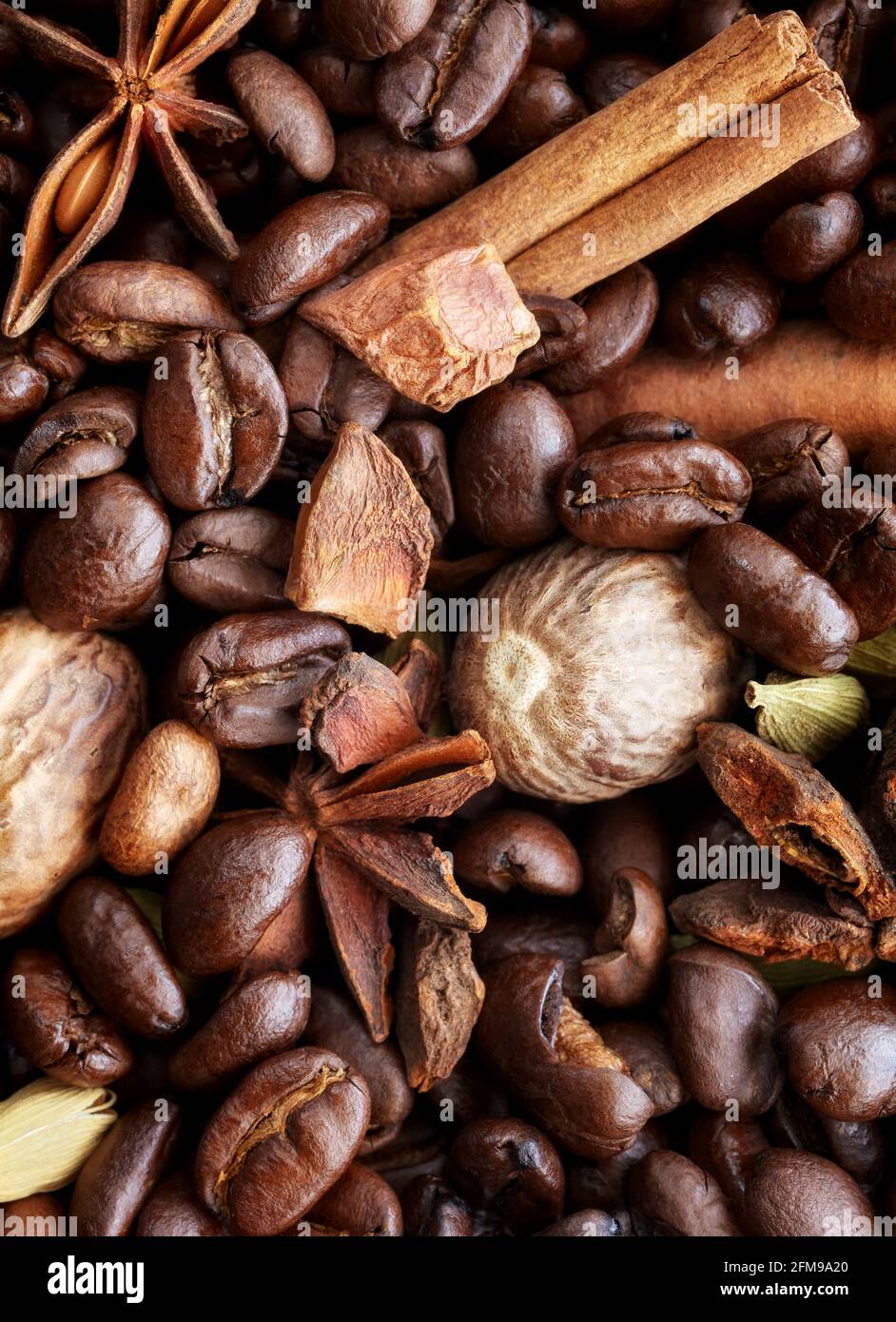 Close up picture of coffee beans, anise, cinnamon stick, cardamom pods and nutmeg, selective focus. Stock Photo
