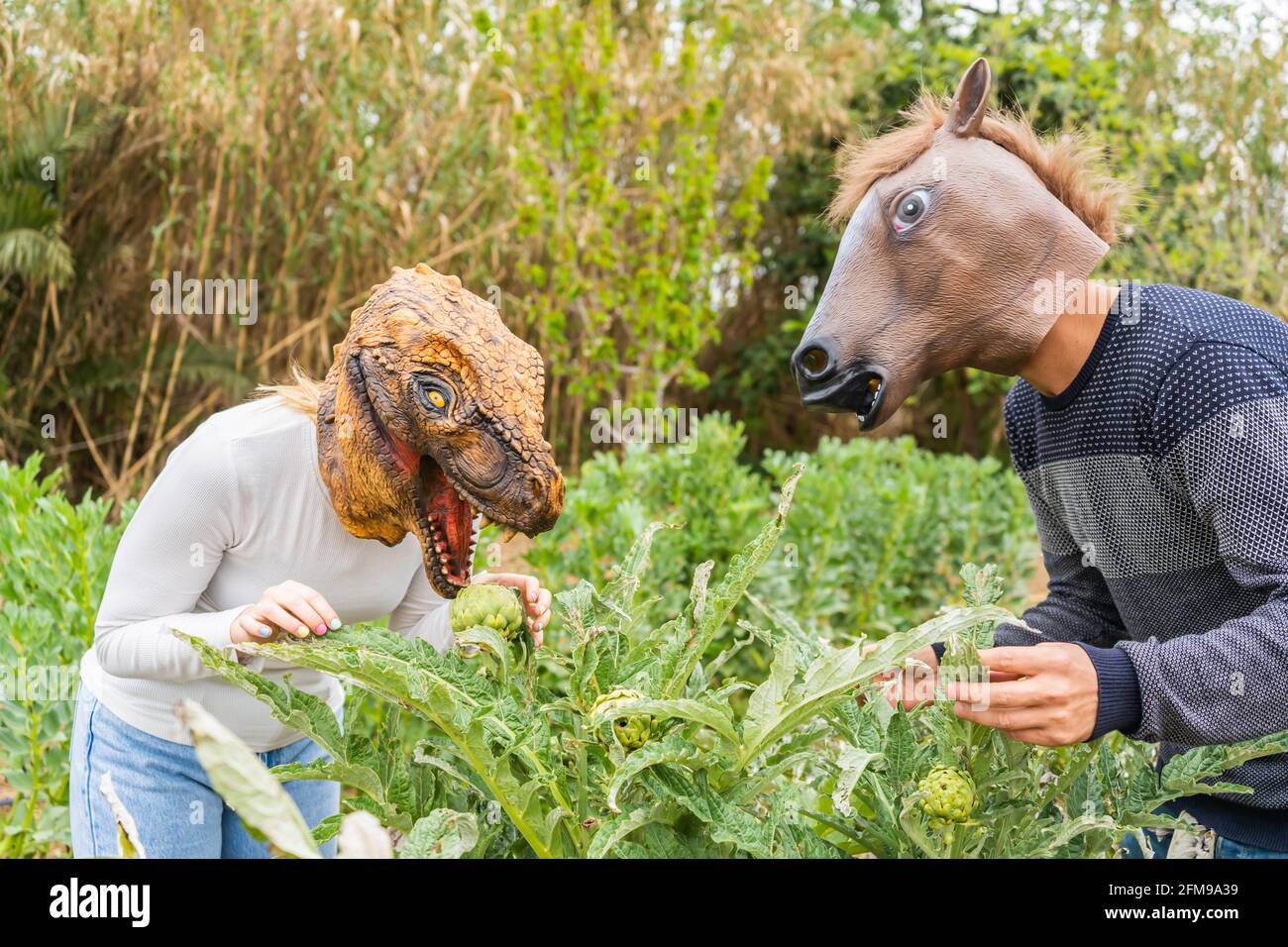 Happy couple man and woman with dinosaur and horse head mask in