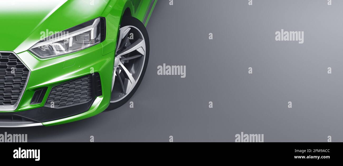 Closeup headlights of Car. Exterior detail with headlights of car. Modern luxury car banner background. Concept of expensive, sports auto. 3d Stock Photo