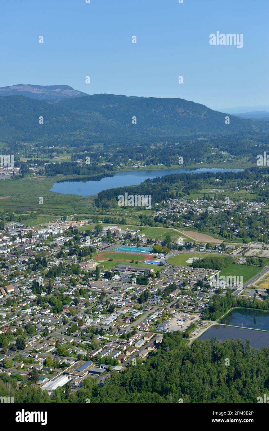 Aerial photo of the Cowichan Sportsplex and Somenos Lake, Vancouver Island, British Columbia, Canada. Stock Photo