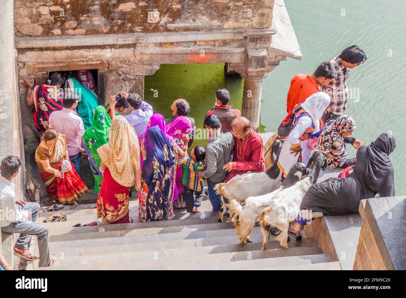 CHITTORGARH, INDIA - FEBRUARY 15, 2017: People at Gaumukh reservoir at Chittor Fort in Chittorgarh, Rajasthan state, India Stock Photo