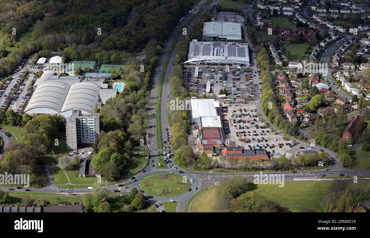 aerial view of Moor Allerton District Centre and David Lloyd Leeds,at the roundabout junction of the A6120 and King Lane, Moortown, Leeds Stock Photo