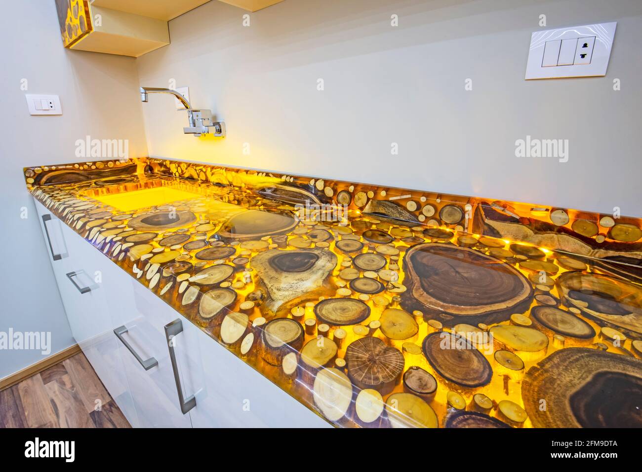 Interior epoxy resin and wooden tree blocks design decor showing modern ...